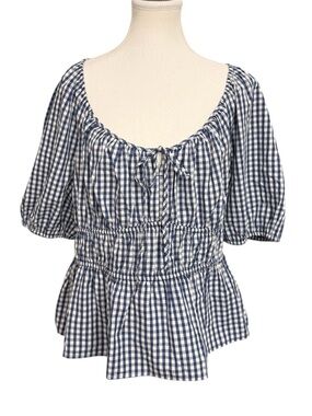 GAP Navy Cottage Smocked Peplum Top XL Puff Sleeve Coastal NWT